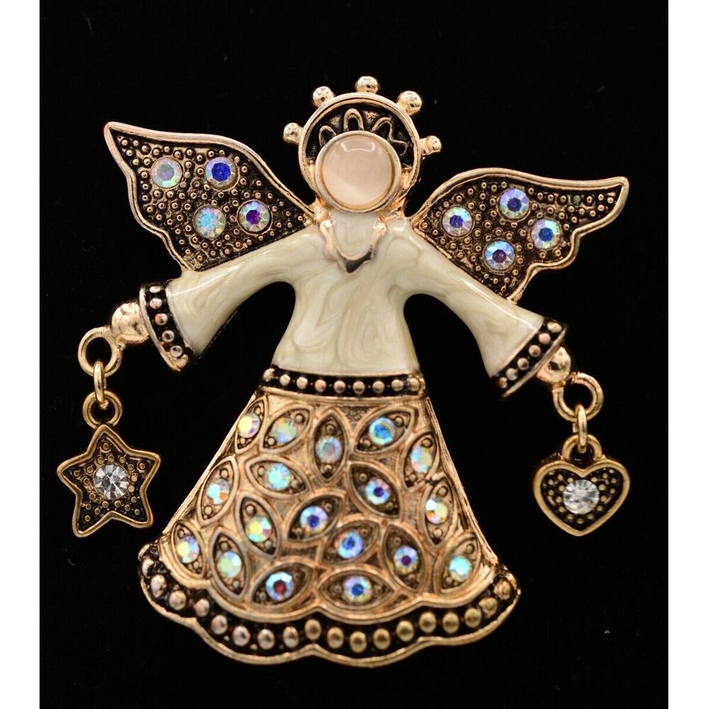 KC Vintage Christmas Angel Pin Brooch Star Heart AB Rhinestone Signed 90s Bin5A